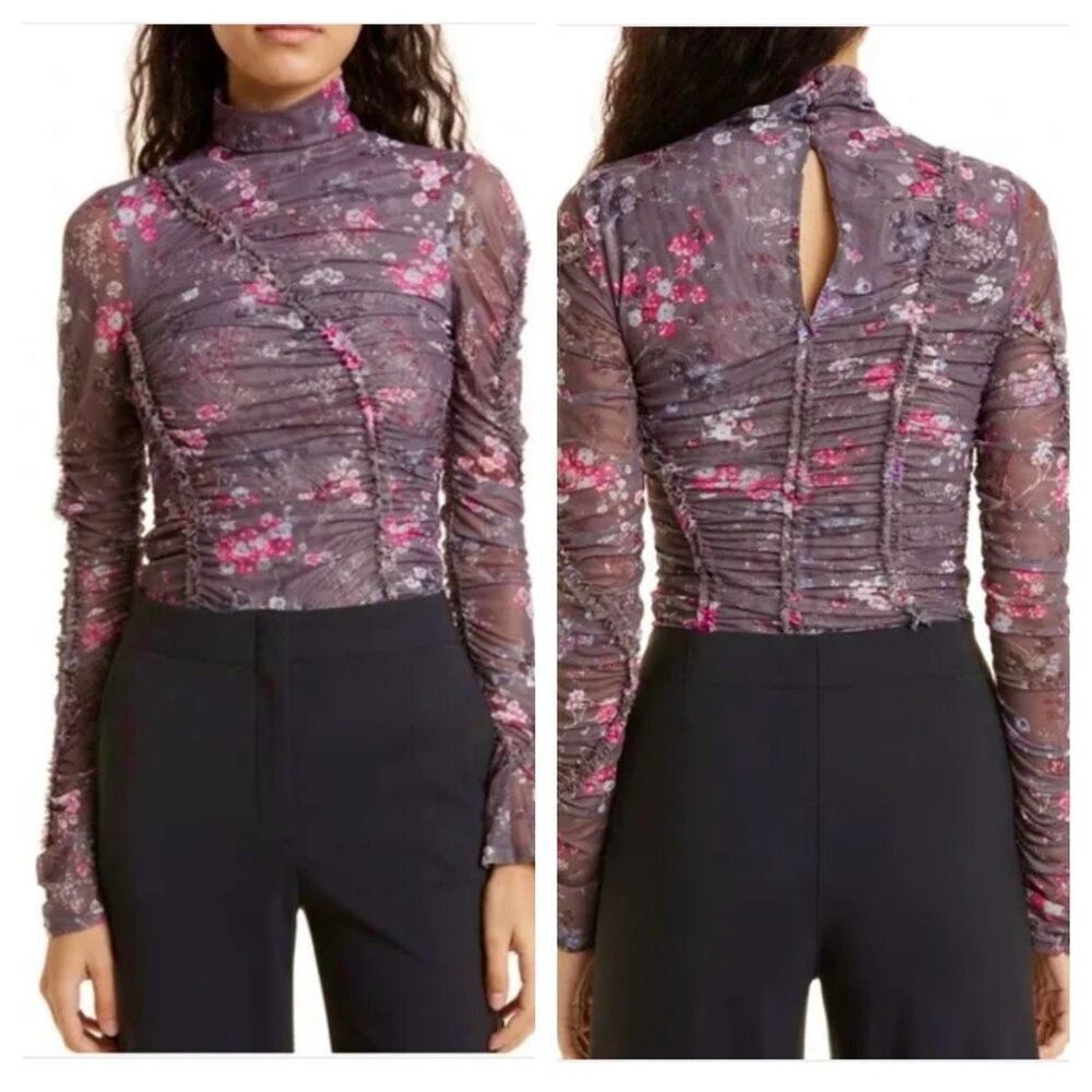 Cinq à Sept Ellianna rushed ruffle floral‎ blouse Top Size M